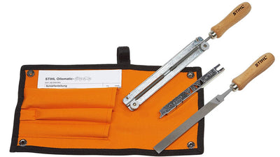 Set affilatura catene Stihl con custodia e utensili: porta lime, lima tonda, lima piatta e dima