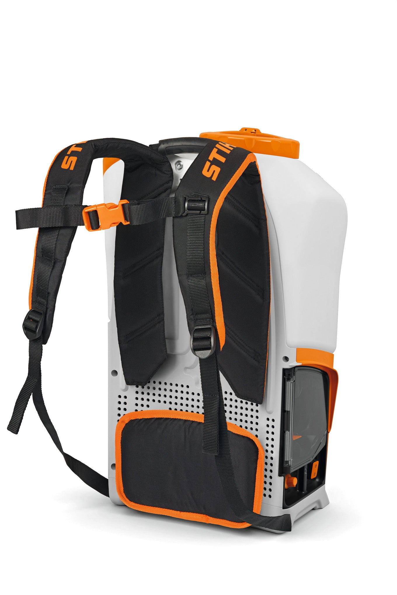 Vista posteriore atomizzatore a batteria STIHL SGA 85 con spallacci e schienale