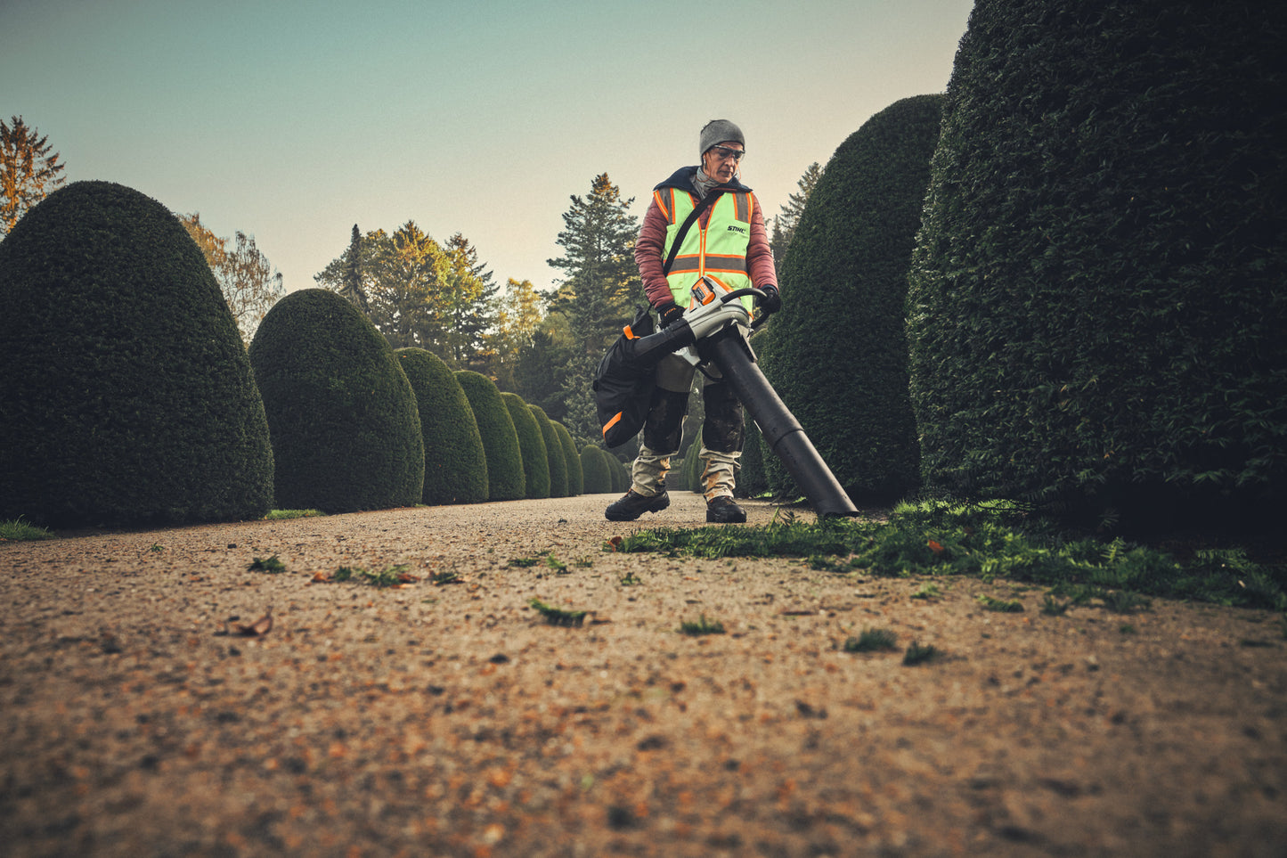 STIHL SHA 140 aspiratore trituratore a batteria in uso su viale e siepi