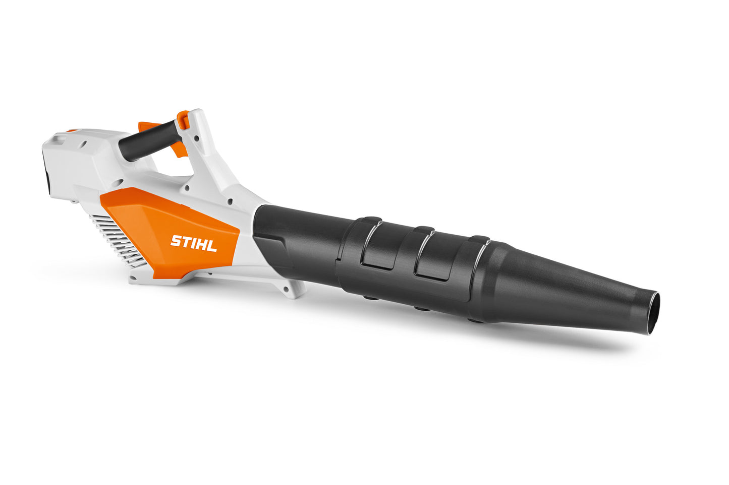 Soffiatore a batteria giocattolo Stihl arancione e bianco con tubo nero regolabile