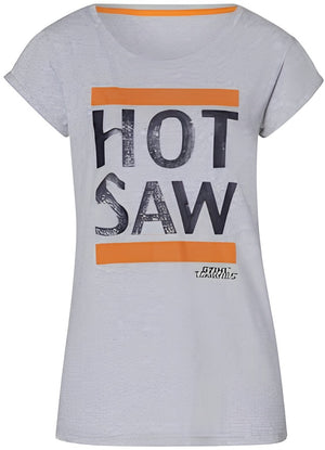 T-shirt donna Stihl Hot Saw grigia in cotone con stampa frontale glitterata taglia XS