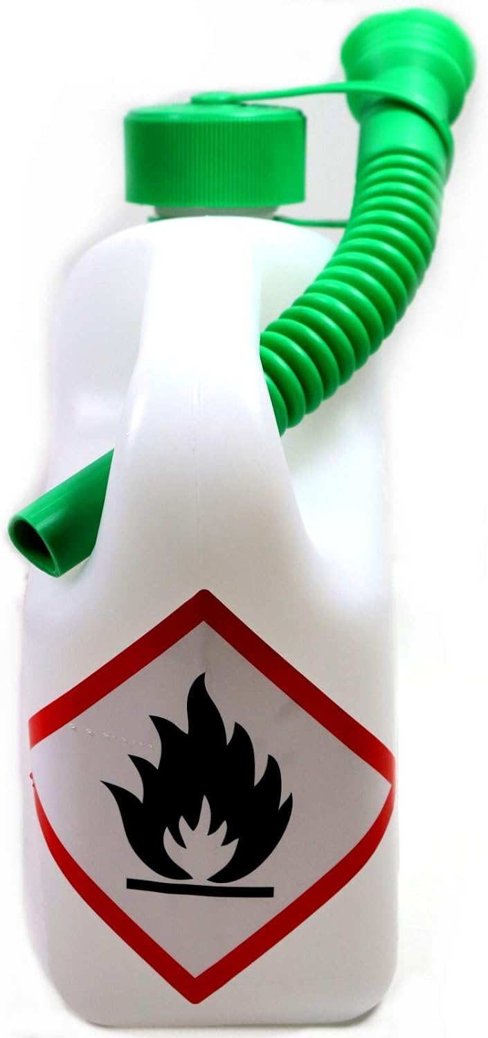 Tanica benzina Stihl trasparente con beccuccio flessibile verde e simbolo infiammabile