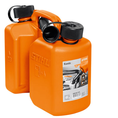 Tanica combinata STIHL arancione con doppio contenitore 3 L carburante e 1,5 L olio catena con beccuccio e chiusure a prova di bambino