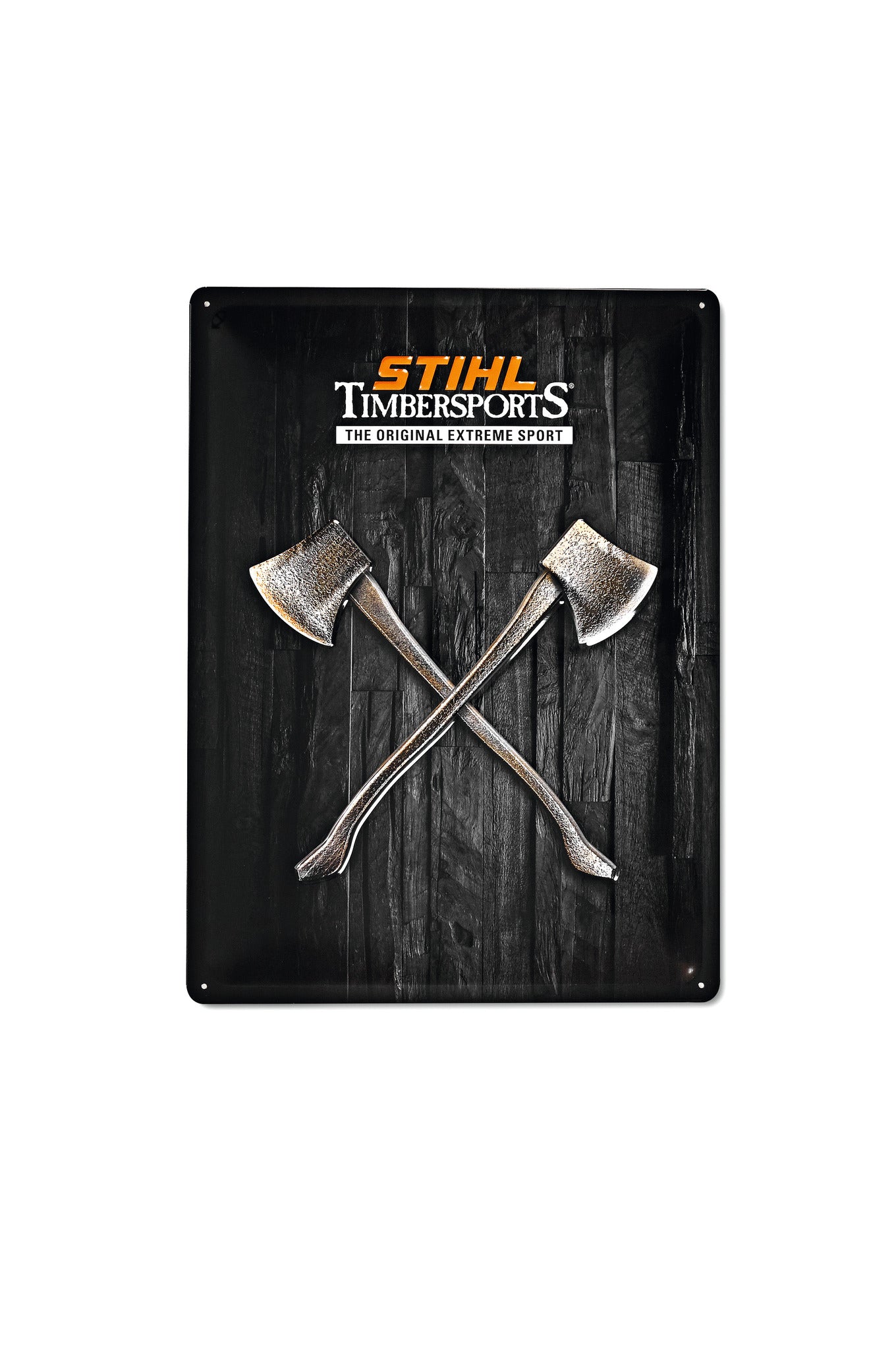 Targa in metallo STIHL TIMBERSPORTS nera con logo e asce incrociate, 4 fori per fissaggio