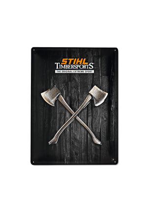 Targa in metallo STIHL TIMBERSPORTS nera con logo e asce incrociate, 4 fori per fissaggio