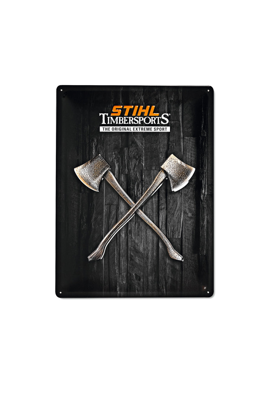 Targa in metallo STIHL TIMBERSPORTS nera con logo e asce incrociate, 4 fori per fissaggio