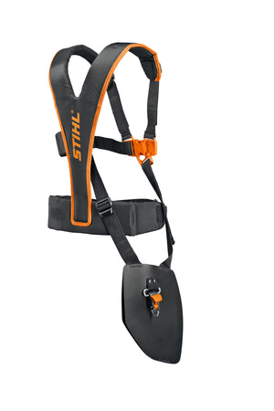 Tracolla STIHL Advance Plus arancione e nera con moschettone comfort e protezione coscia