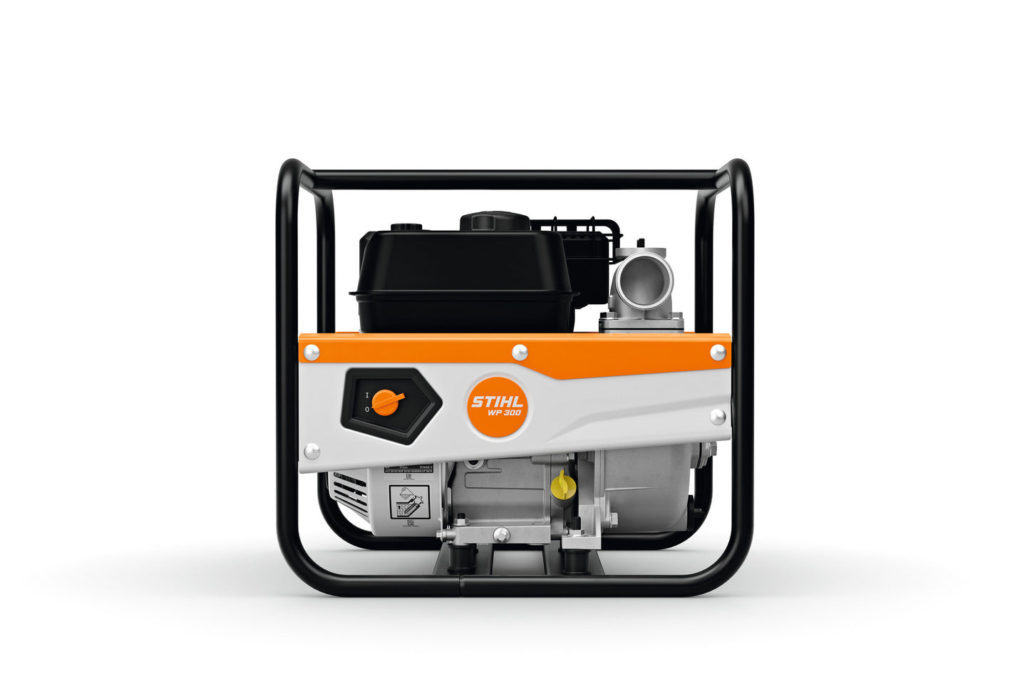 Vista laterale della pompa idrovora STIHL WP 300 con serbatoio da 3,6 litri e struttura antivibrazioni