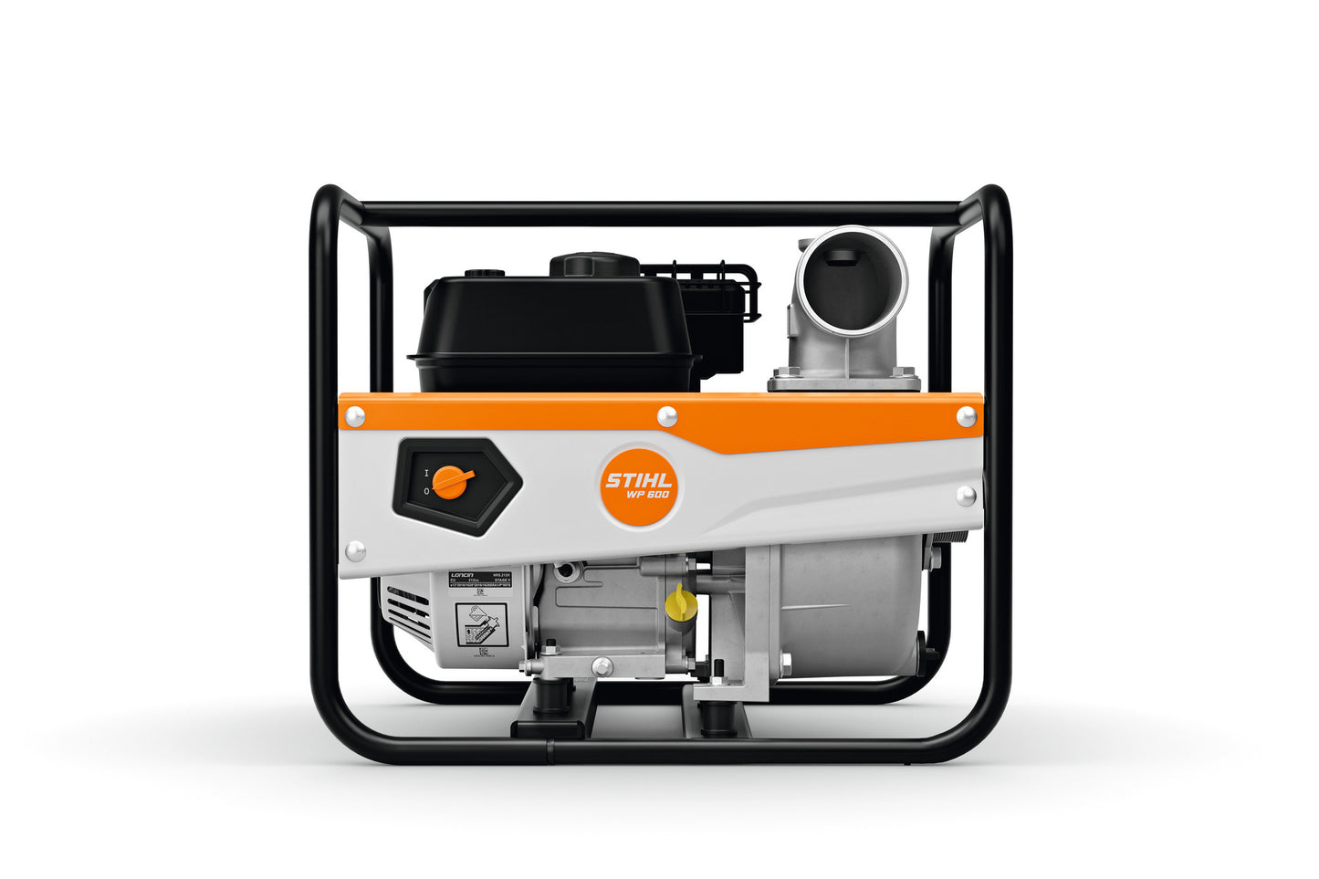 Pompa idrovora Stihl WP-600 vista frontale con telaio protettivo e raccordo per manichetta da 3 pollici