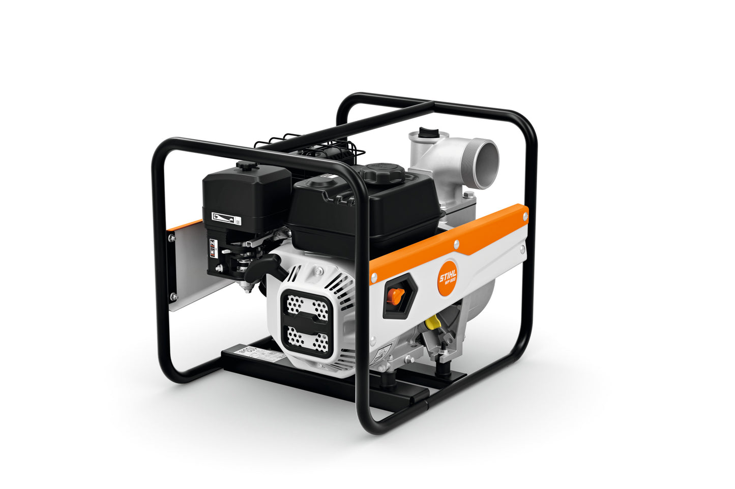 Pompa idrovora Stihl WP-600 vista laterale con telaio resistente e bocchettone da 3 pollici