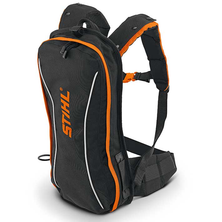 Zaino Stihl per trasporto batterie AP nero con profili arancioni e spallacci imbottiti