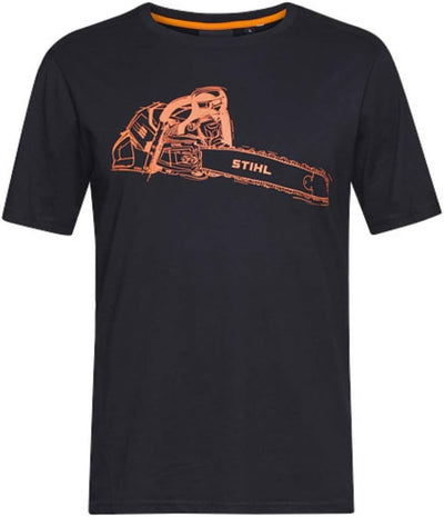 T-shirt Stihl MS 500i nera in cotone a manica corta con grafica motosega e logo Stihl