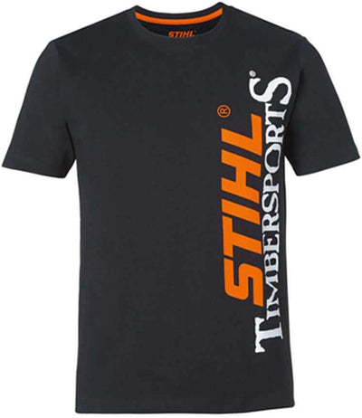 T-shirt Stihl TIMBERSPORTS nera in cotone con stampa verticale