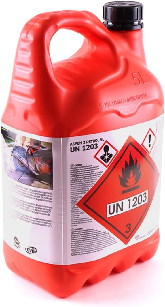 Tanica Aspen 2 benzina alchilata per motori 2 tempi 5 L etichetta sicurezza UN 1203